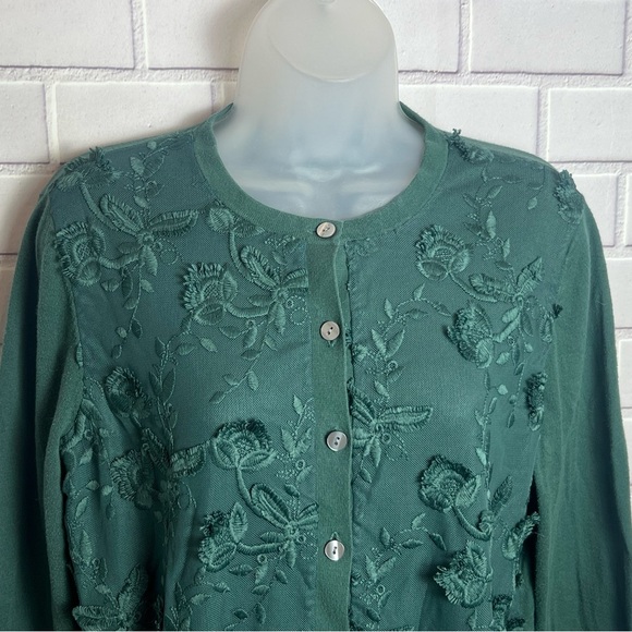 ANN TAYLOR green Embroireded Cardigan with Textured Floral Design/size L - Picture 3 of 11